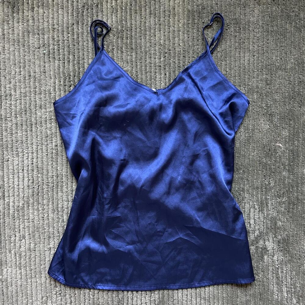 Ekouaer Navy Blue Satin Silk Cami Top – Women's Size M